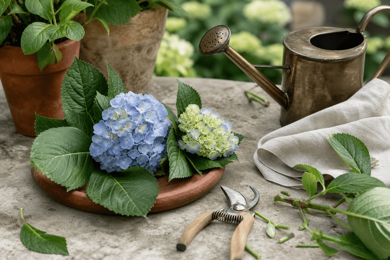 Masa botanica eleganta cu unelte de ingrijire si flori